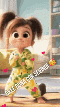 a cartoon girl in a yellow pajama is dancing