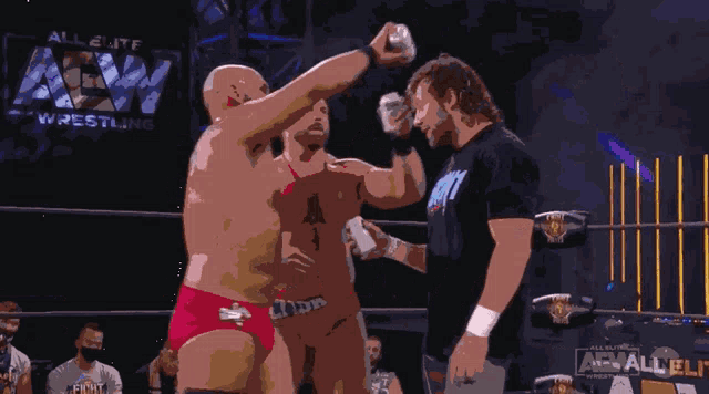 wrestlers in a ring with a sign that says all elite wrestling on it