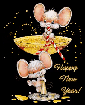 a happy new year greeting card with two mice in a glass