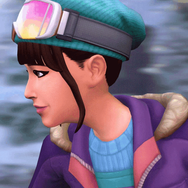 a woman wearing a purple jacket and a green hat with goggles on