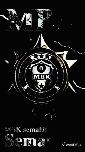 a poster for mbk billiards shows a shield with a pool ball in the center