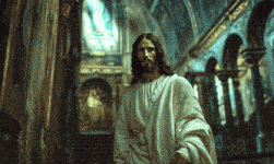 a man in a white robe is standing in a dark room