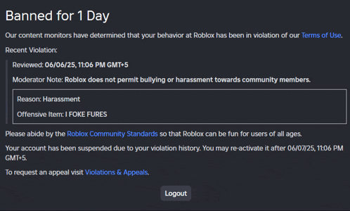 a screenshot of a website that says banned for one day