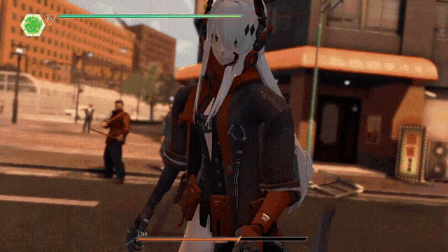 a woman in a video game with the number 7 on it