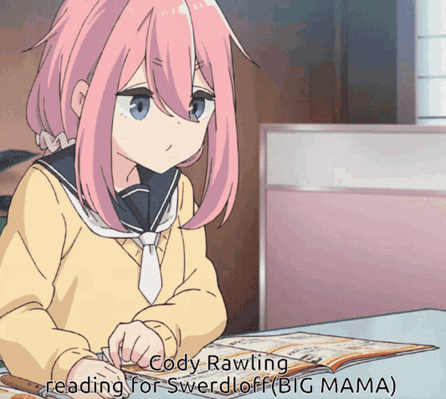 a girl with pink hair is reading a book called cody rawling reading for swerdloff