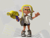 a cartoon character with blonde hair is holding a yellow water gun .