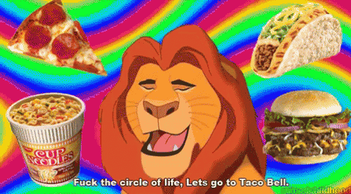 a lion with a cup of noodles in front of him