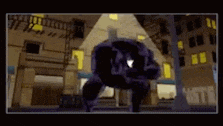 a cartoon of a man in a purple suit standing on a city street