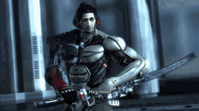 a video game character says he 's mine while holding a gun