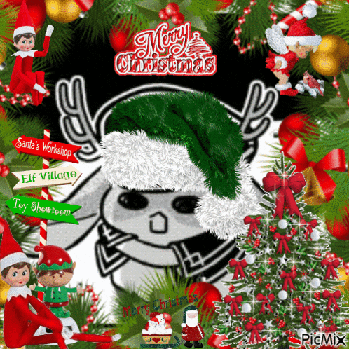 an elf on the shelf is surrounded by christmas decorations and a merry christmas sign