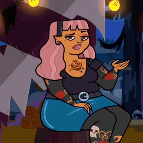 a cartoon character with pink hair and a tattoo on her arm