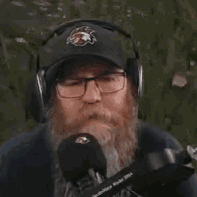 a man with a beard and glasses is talking into a microphone .