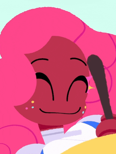 a cartoon character with pink hair holding a spoon
