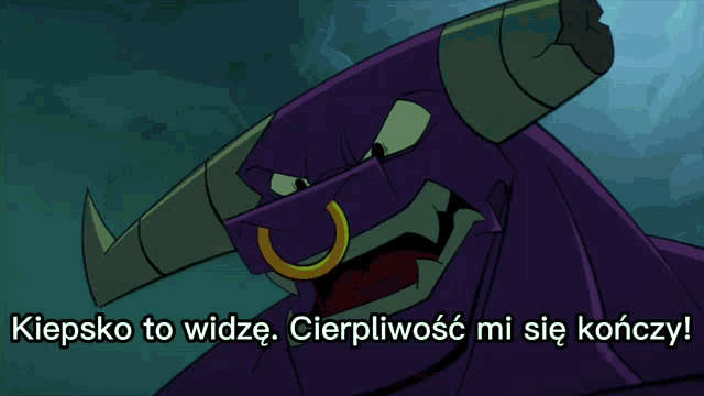 a cartoon character with a green light coming out of his eyes and the words " klepsko to widze " below him