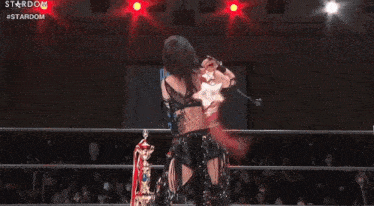 a woman is wrestling in a ring with a sign that says stardom on it