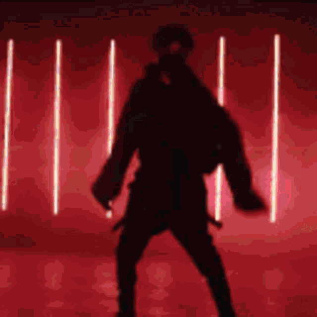 a silhouette of a person standing in front of a red background with neon lights .