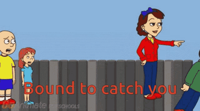 a cartoon shows a woman pointing over a fence and the words " bound to catch you "