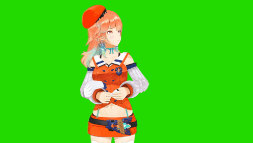 a 3d anime girl wearing an orange hat is pointing