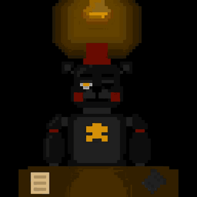 a pixel art of a puppet sitting at a table in a dark room