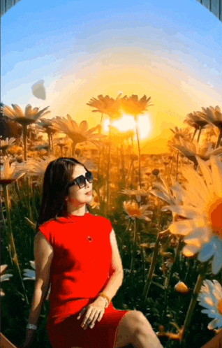 a woman in a red dress sitting in a field of daisies