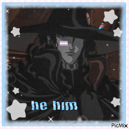a picture of a man with a transgender flag on his face and the words he him above him