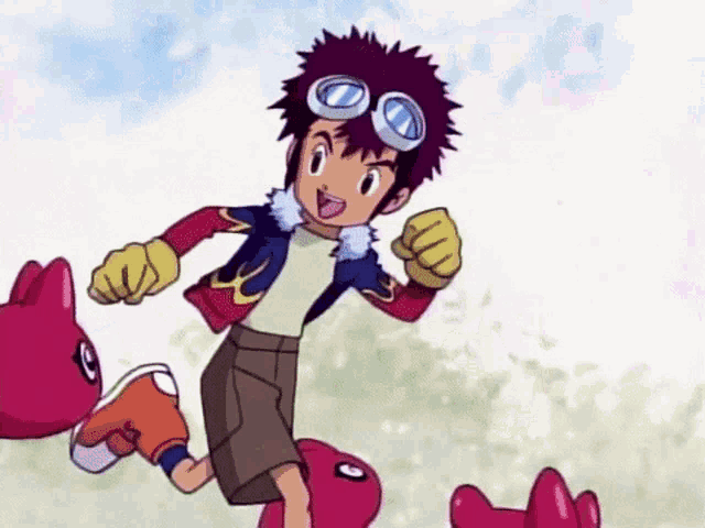 a young boy in a red jacket and goggles is running with two pink monsters .