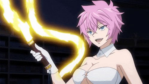 a girl with pink hair is holding a torch with a flame coming out of it