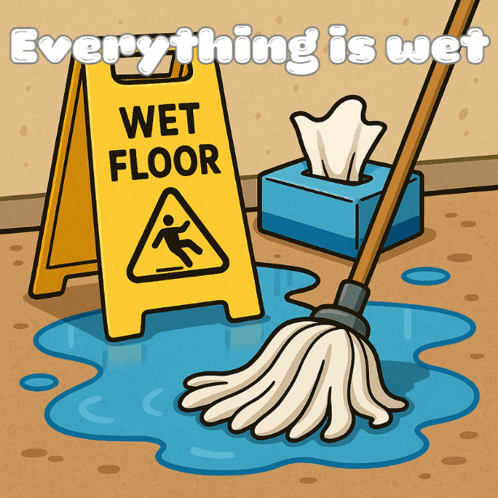 a wet floor sign with a mop and a box of tissues