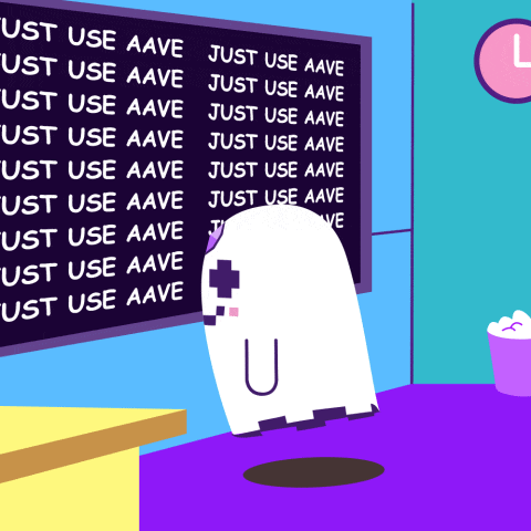 a cartoon of a ghost looking at a blackboard that says just use aave