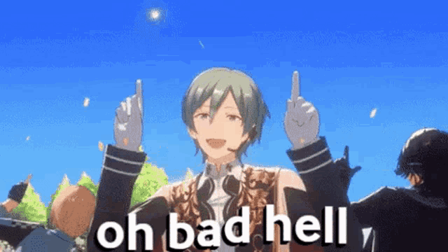 a man in a suit is pointing up with his fingers and the words `` oh bad hell '' .