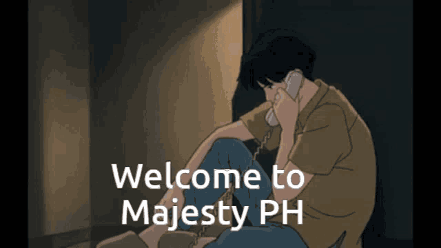 a cartoon of a man talking on a phone with the words welcome to majesty ph written below him