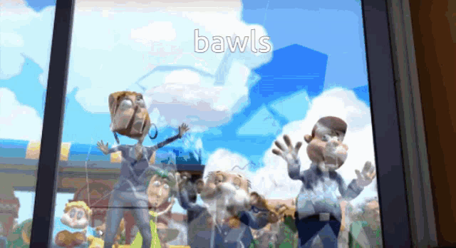 a group of cartoon characters standing in front of a window with the word " bawls " on the bottom right