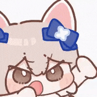 a cartoon cat with a blue bow on its head is making a face .
