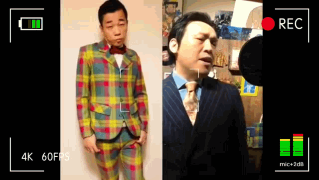 a man in a plaid suit and tie is being recorded in 4k 60fps