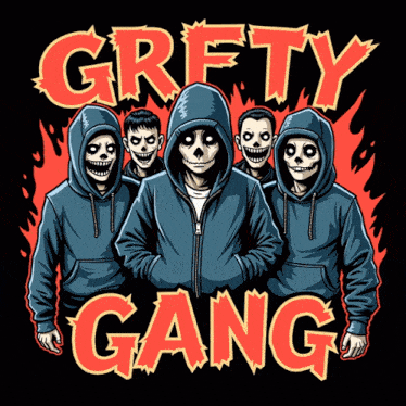 a group of hoodied skeletons are standing in front of the word " grfty gang " on a black background