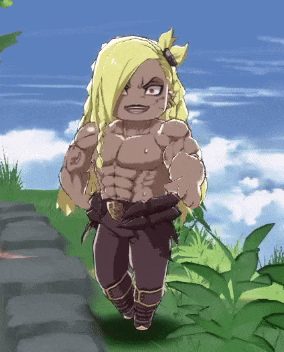 a cartoon character with blonde hair and muscles is standing in a field