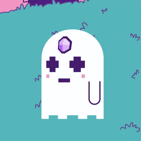 a cartoon ghost with a purple jewel on its head and the letter u on its chest
