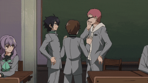 a group of anime characters are standing in front of a chalkboard