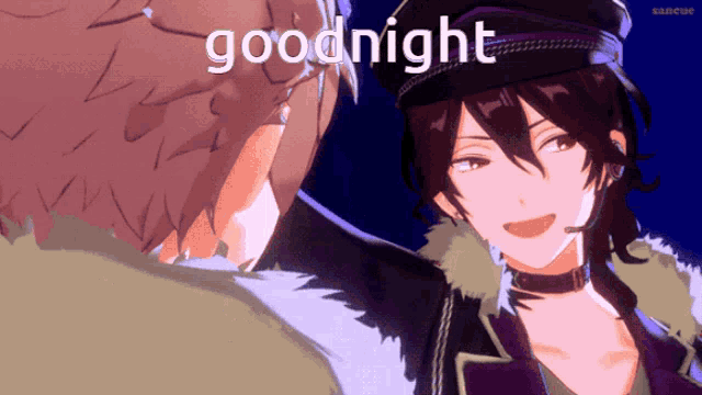 a man in a hat says goodnight to another man in a fur coat