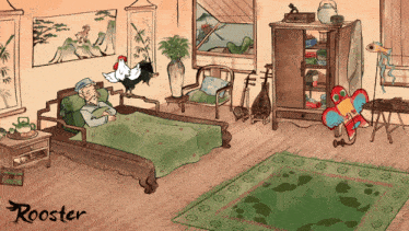 a drawing of a room with rooster written on the bottom
