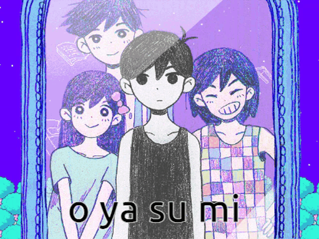 a group of anime characters are standing in front of a mirror with the words oya sumi on the bottom right