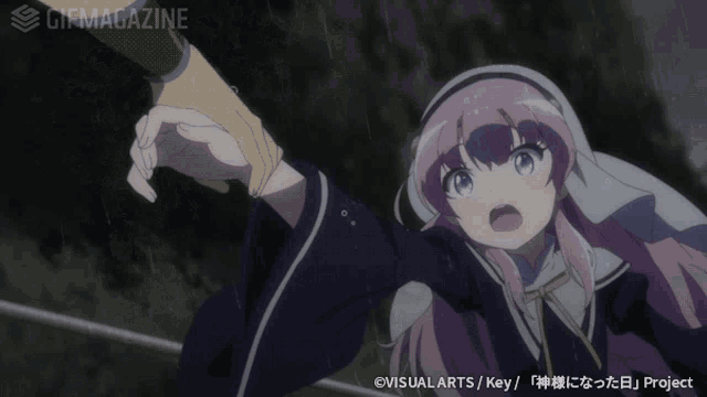 a girl with pink hair is being held up by a man in a gif magazine ad