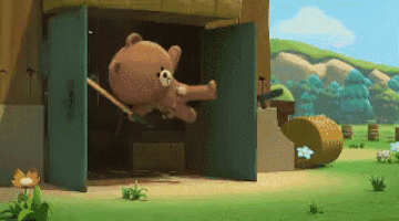 a teddy bear is flying out of a doorway