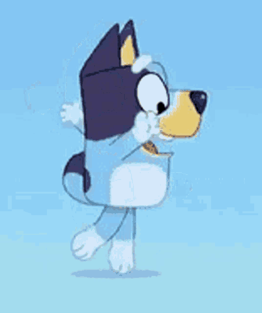 a cartoon dog is running on a blue background with its arms outstretched .