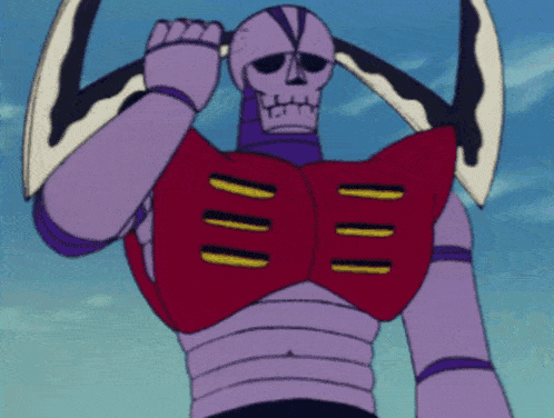 a purple robot with a red chest and yellow stripes on it