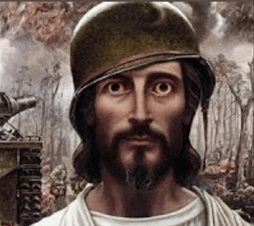 a painting of jesus wearing a helmet with a beard