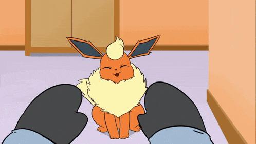 a cartoon drawing of an orange eevee sitting on a person 's lap