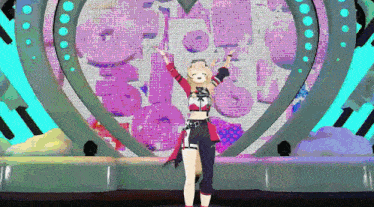 a video game character is standing in front of a heart shaped screen that says " love "