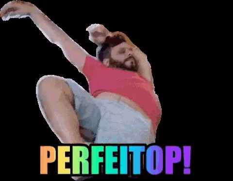 a man in a red shirt and shorts is jumping in the air with the words perfeitop written below him