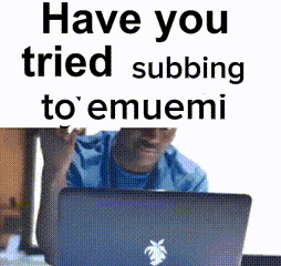 a man sitting in front of a laptop with a sign that says have you tried subbing to emumemi